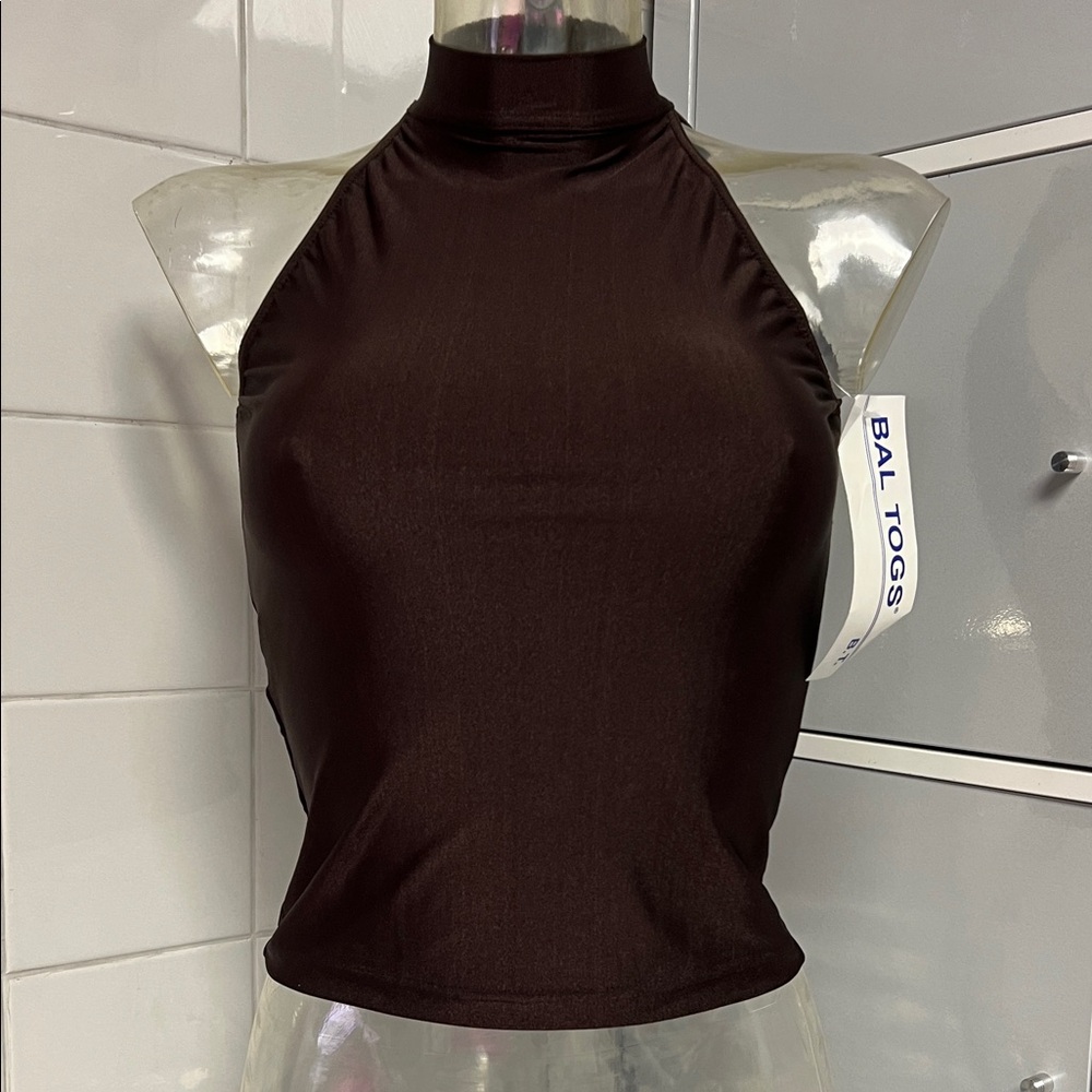Dark Brown Choker Halter Spandex Dance Team Top M NWT